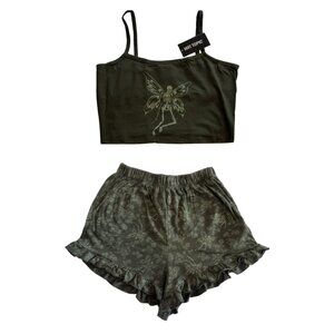 💀 Hot Topic Green Butterfly Skeleton Tank Top & Ruffled Shorts Lounge Set 💀